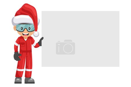 Illustration for Industrial mechanic worker with Santa Claus hat holding a sign with space for text for advertising, presentations, brochures. Merry christmas. Industrial safety and occupational health at work - Royalty Free Image