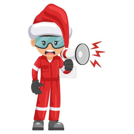 Illustration for Annoyed mechanic with Santa Claus hat making an announcement with a megaphone. Merry christmas. Engineer with his personal protective equipment. Industrial safety and occupational health at work - Royalty Free Image