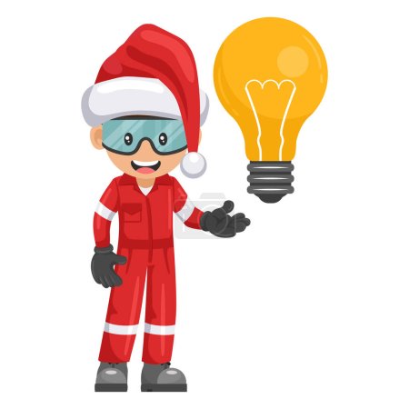 Illustration for Industrial mechanic worker with Santa Claus hat with a giant light bulb. Merry christmas. Creative idea symbol. Industrial safety and occupational health at work - Royalty Free Image