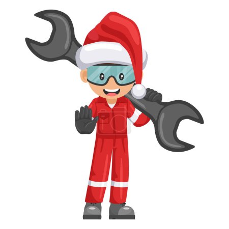 Illustration for Mechanic worker with Santa Claus hat with mechanical wrench making stop sign. Merry christmas. Concept of repair, maintenance and technical support. Industrial safety and occupational health at work - Royalty Free Image