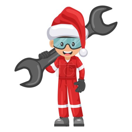 Illustration for Mechanic worker with Santa Claus hat with mechanic's wrench. Merry christmas . Concept of repair, preventive maintenance and technical support. Industrial safety and occupational health at work - Royalty Free Image