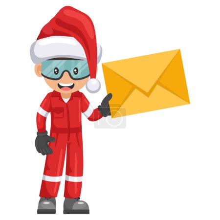 Illustration for Industrial mechanic worker with Santa Claus hat with letter envelope for email. Merry christmas. Concept of communication, notification and contact. Industrial safety and occupational health - Royalty Free Image