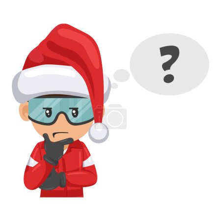 Illustration for Engineer mechanic with Santa Claus hat thinking and expressing doubt in a new industrial project. Question sign for FAQ concept. Merry christmas. Industrial safety and occupational health at work - Royalty Free Image