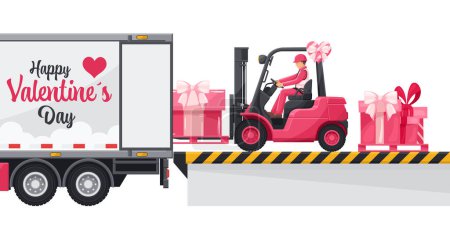 Illustration for Industrial worker driving a pink forklift loading gift boxes to a container truck celebrating Valentine's Day. Logistics campaign for loading and shipping high demand merchandise for Valentine's Day - Royalty Free Image