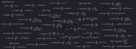 School and university notes on exercises, equations and formulas of logarithms, derivatives, trigonometric, logarithmic, hyperbolic and inverse on a black chalkboard background