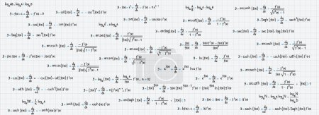 Illustration for School and university notes on exercises, logarithmic, derivative, trigonometric, logarithmic, hyperbolic and inverse equations and formulas on graph paper background - Royalty Free Image
