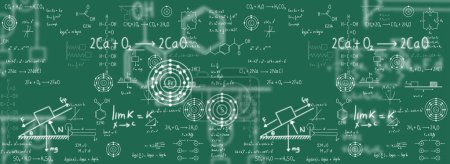 Calculus equations, algebra, organic chemistry, chemical reactions, chemical elements, physics, rectilinear motion, statics, electromagnetism, friction force, energy, with green background