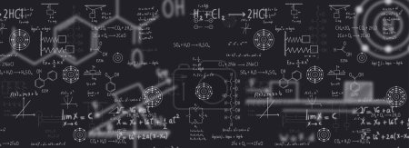 Calculus equations, algebra, organic chemistry, chemical reactions, chemical elements, physics, rectilinear motion, statics, electromagnetism, friction force, energy, with black background