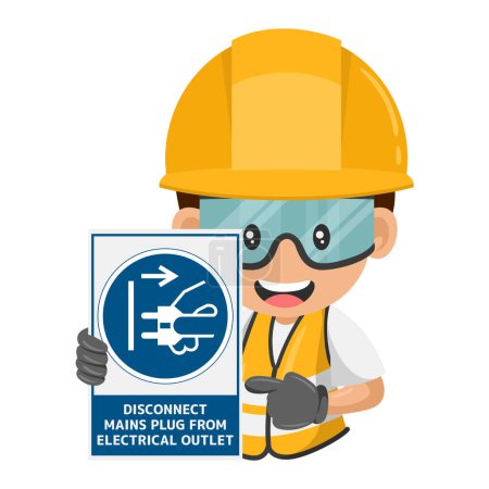 Illustration for Industrial worker with mandatory sign disconnect mains plug from electrical outlet. Disconnecting the mains plug for the purposes of maintenance. Industrial safety and occupational health at work - Royalty Free Image