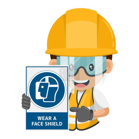 Industriebauarbeiter mit verpflichtendem Schild tragen einen Gesichtsschutz. Die obligatorische Verwendung von Gesichtsschutz, um fliegende Objekte oder Partikel zu vermeiden. Arbeitsschutz und Gesundheitsschutz am Arbeitsplatz