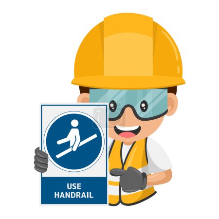 Illustration for Industrial construction worker with mandatory sign use handrail. Mandatory use of handrails to prevent falls, slips or trips. Safety first. Industrial safety and occupational health at work - Royalty Free Image
