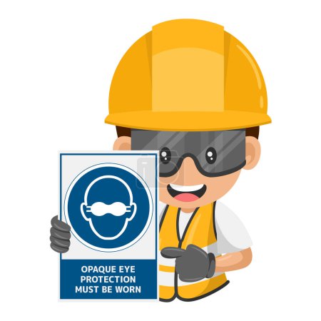Obrero de la construcción industrial con signo obligatorio Se debe usar protección ocular opaca. La seguridad primero. Seguridad industrial y salud laboral en el trabajo