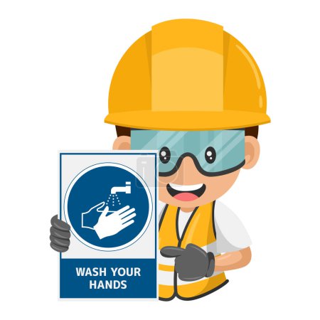 Industriebauarbeiter mit verpflichtendem Schild waschen sich die Hände. Händewaschen vor Arbeitsbeginn und nach Beendigung der Arbeitsaufgabe. Arbeitsschutz und Gesundheitsschutz am Arbeitsplatz