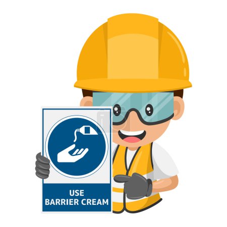 Ouvrier de la construction industrielle avec panneau obligatoire utiliser crème barrière. La peau doit être protégée avec une crème barrière appropriée. Sécurité et santé au travail au travail