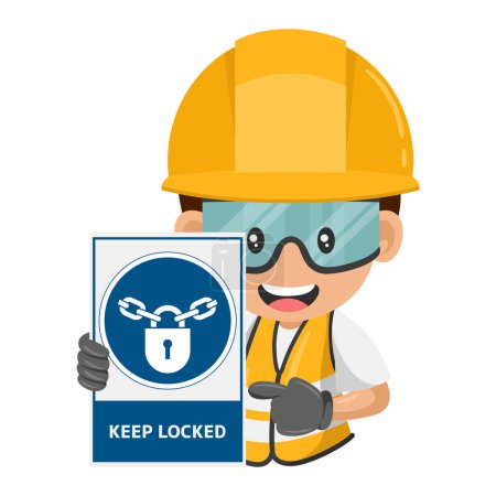 Illustration for Industrial worker with mandatory sign keep locked. Ensuring that cabinets or facilities containing harmful substances or equipment are kept locked. Industrial safety and occupational health at work - Royalty Free Image