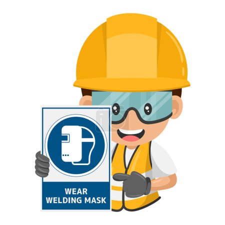 Travailleur industriel avec signe obligatoire porter un masque de soudage pour éviter les particules volantes chaudes, la lumière intense et le rayonnement UV de l'activité de soudage. Sécurité et santé au travail au travail