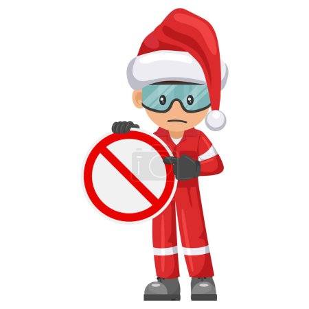 Ilustración de Trabajador mecánico industrial con Santa Claus sombrero prohibido signo. Feliz Navidad mástil. La seguridad primero. Seguridad industrial y salud laboral en el trabajo - Imagen libre de derechos
