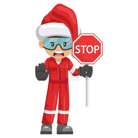 Ilustración de Molesto trabajador mecánico industrial con sombrero de Santa Claus con señal de stop. Ingeniero con su equipo de protección personal. Feliz navidad. Seguridad industrial y salud laboral en el trabajo - Imagen libre de derechos