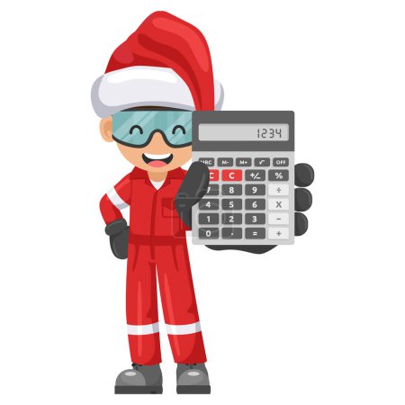 Ilustración de Trabajador mecánico industrial con sombrero de Santa Claus con calculadora en mano para el análisis financiero, contabilidad y cálculo del presupuesto. Feliz Navidad. Seguridad industrial y salud laboral en el trabajo - Imagen libre de derechos