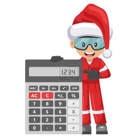 Illustration for Industrial mechanic worker with Santa Claus hat with giant calculator for financial analysis, accounting and budget calculation. Merry christmas. Industrial safety and occupational health at work - Royalty Free Image