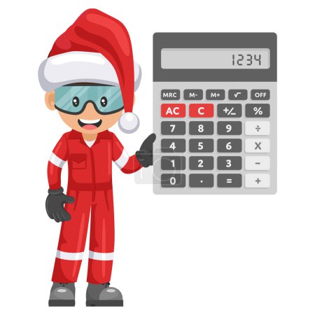 Illustration for Industrial mechanic worker with Santa Claus hat with a calculator for financial analysis, accounting and budget calculation. Merry christmas. Industrial safety and occupational health at work - Royalty Free Image