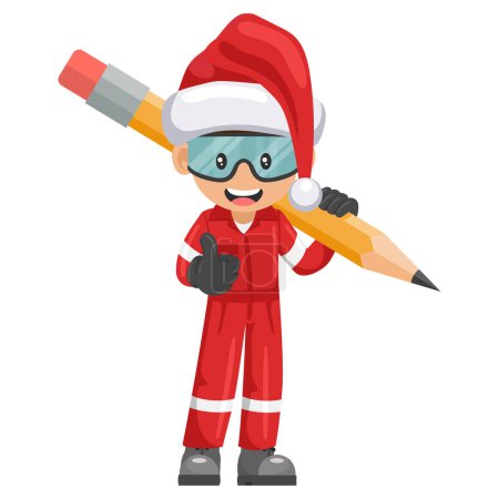 Illustration for Industrial mechanic worker with Santa Claus hat with giant pencil with thumb up. Creative concept for project management. Merry christmas. Industrial safety and occupational health at work - Royalty Free Image