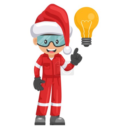 Illustration for Industrial mechanic worker with a light bulb with Santa Claus hat. Creative concept for the generation of ideas. Merry christmas. Industrial safety and occupational health at work - Royalty Free Image