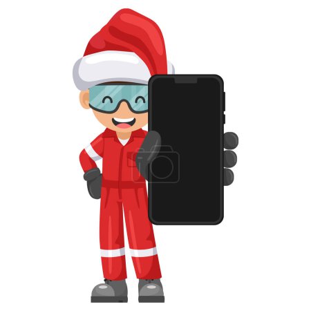 Industrial mechanic worker with Santa Claus hat with mobile phone. Concept of communication, notification and contact. Merry christmas. Industrial safety and occupational health at work
