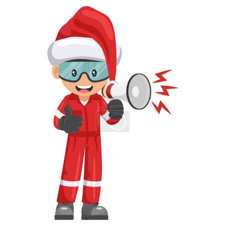 Ilustración de Trabajador mecánico industrial con sombrero de Santa Claus haciendo un anuncio con un megáfono. Concepto de liderazgo, comunicación, formación y motivación. Seguridad y salud en el trabajo - Imagen libre de derechos