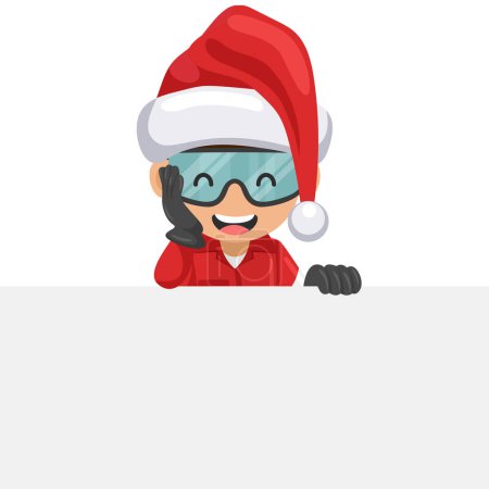 Illustration for Industrial mechanic worker with Santa Claus hat holding a sign with copy space for text for advertising, presentation, brochures. Merry christmas. Industrial safety and occupational health at work - Royalty Free Image
