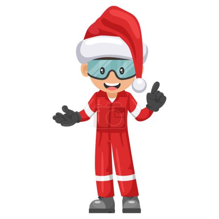 Illustration for Industrial mechanical worker with Santa Claus hat pointing his finger. Merry christmas. Express an idea and indicate with the index finger. Industrial safety and occupational health at work - Royalty Free Image