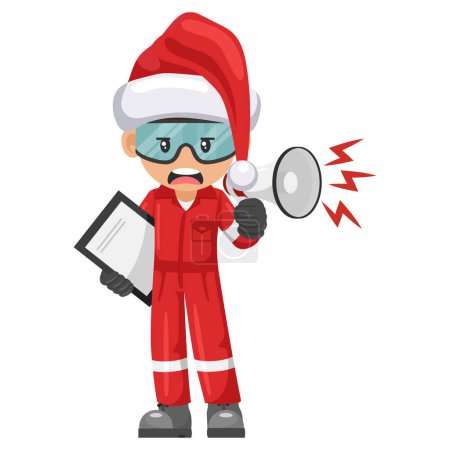 Illustration for Annoyed industrial mechanic worker with Santa Claus hat with notepad for project evaluation with thumb up. Supervisor engineer. Merry christmas. Industrial safety and occupational health at work - Royalty Free Image