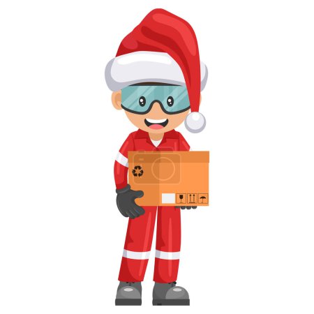 Ilustración de Trabajador mecánico industrial con sombrero de Santa Claus cargando una caja para entrega, distribución y almacenamiento. Feliz navidad. Seguridad industrial y salud laboral en el trabajo - Imagen libre de derechos