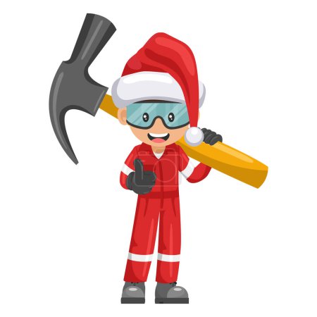 Illustration for Industrial mechanic worker with Santa Claus hat carrying a giant hammer. Merry christmas. Supervisor with personal protective equipment. Industrial safety and occupational health at work - Royalty Free Image