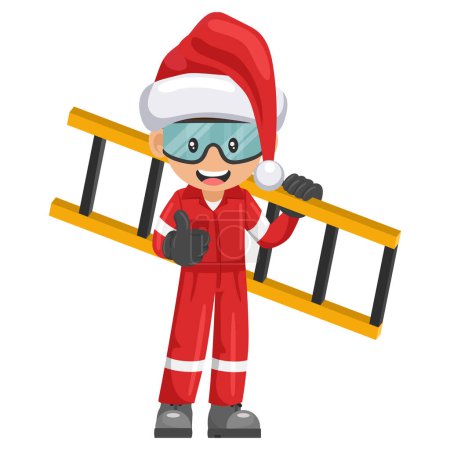 Ouvrier mécanicien industriel avec le chapeau du Père Noël portant une échelle avec le pouce levé. Superviseur avec équipement de protection individuelle. Joyeux Noël. Sécurité et santé au travail au travail