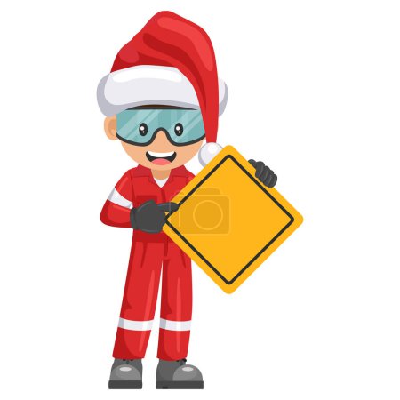 Ilustración de Obrero industrial de la construcción con sombrero de Santa Claus con una señal de advertencia con espacio para texto. Feliz navidad. Seguridad industrial y salud laboral en el trabajo - Imagen libre de derechos