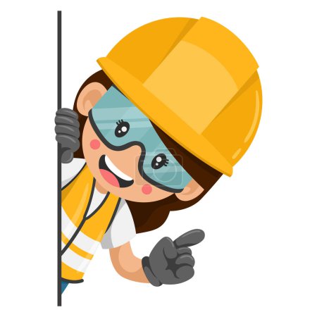 Ilustración de Mujer trabajadora de la construcción industrial asomándose por detrás de una pared señalando con el dedo. Expresar una idea e indicarla con el dedo índice. Seguridad industrial y salud laboral en el trabajo - Imagen libre de derechos