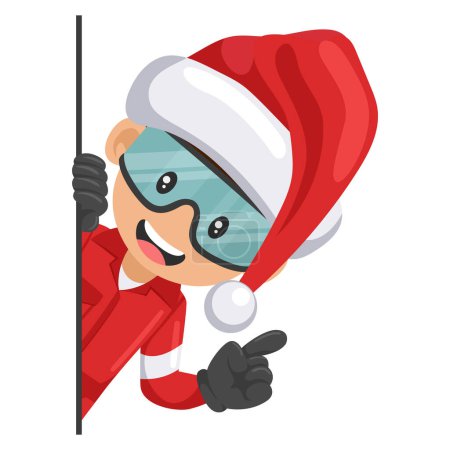 Ilustración de Trabajador mecánico industrial con sombrero de Santa Claus asomándose por detrás de una pared señalando con el dedo. Feliz navidad. Expresar una idea e indicarla con el dedo índice - Imagen libre de derechos