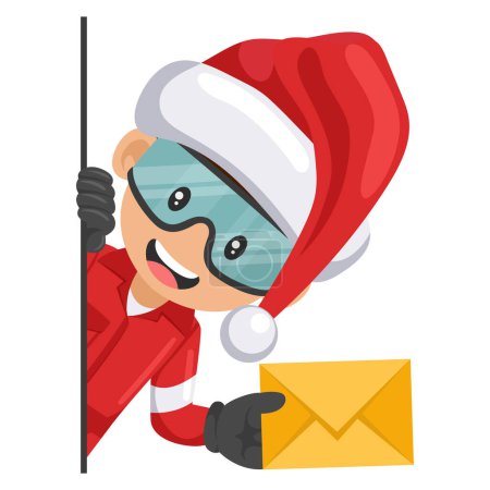 Industriemechaniker mit Nikolausmütze lugt hinter einer Wand mit Briefumschlag für E-Mail hervor. Frohe Weihnachten. Konzept der Kommunikation, Benachrichtigung und Kontaktaufnahme