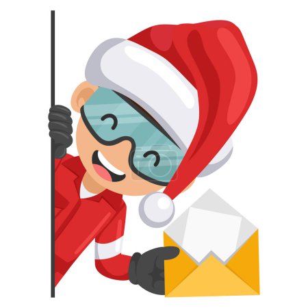 Ilustración de Trabajador mecánico con sombrero de Santa Claus asomándose por detrás de una pared con sobre de carta abierta para el correo electrónico. Feliz navidad. Concepto de comunicación, notificación y contacto - Imagen libre de derechos