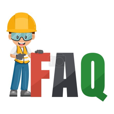 Obrero de la construcción industrial con letras gigantes de FAQ, concepto de preguntas frecuentes. Seguridad industrial y salud laboral en el trabajo