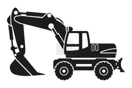 Cartoon wheel excavator silhouettes. Heavy machinery for construction and mining