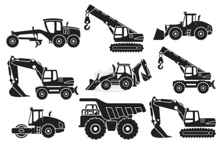 Set of heavy machinery silhouettes for construction and mining, motor grader, backhoe, telescopic crane wheels, mining truck, telescopic crane, excavator, front loader and soil compactor