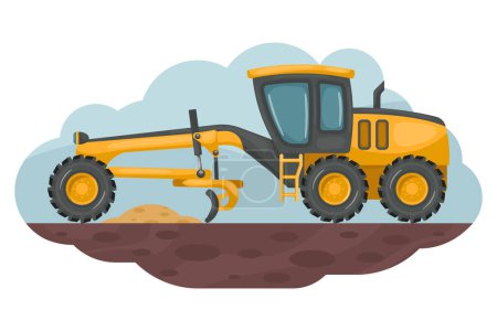 Cartoon of motor grader leveling the ground. Heavy machinery used in the construction and mining industry