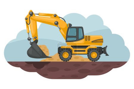 Cartoon of wheel excavator doing a dig in the ground. Heavy machinery used in the construction and mining industry