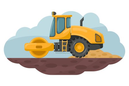 Cartoon of soil compactor roller compacting the ground. Heavy machinery used in the construction and mining industry