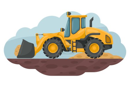 Cartoon of front loader loading sand. Heavy machinery used in the construction and mining industry