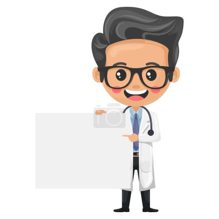 Karikatur des Arztes mit einem Stethoskop, das ein Banner mit Platz für Text für Werbung, Präsentationen, Broschüren hält. Gesundheits- und Medizinkonzept. Forschung, Wissenschaft und Technologie im Gesundheitsbereich
