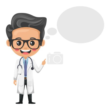 Personaje médico de dibujos animados con un estetoscopio pensando con espacio para texto para publicidad, presentaciones, folletos. Concepto de salud y medicina. Investigación, ciencia y tecnología en salud