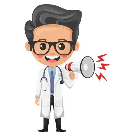 Cartoon doctor making an announcement with a megaphone. Health and medicine concept. Health professional to perform a medical examination on a patient. Research, science and technology in health